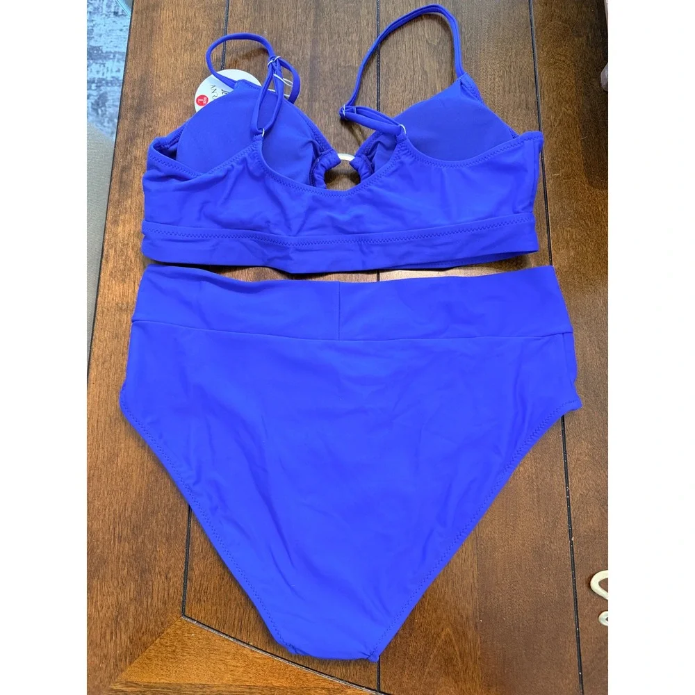 Women Royal Blue O-Ring High Waisted Bikini Set Size L‎ NEW